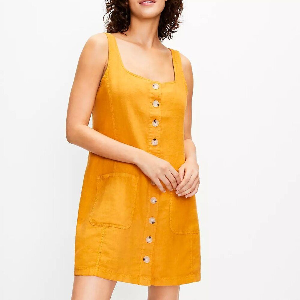 Lou & Grey Linen Mustard Button Front Jumper Tank Mini Dress Size M